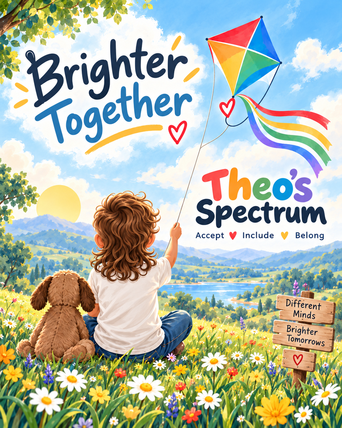 A child and companion enjoying a bright meadow beneath a rainbow kite