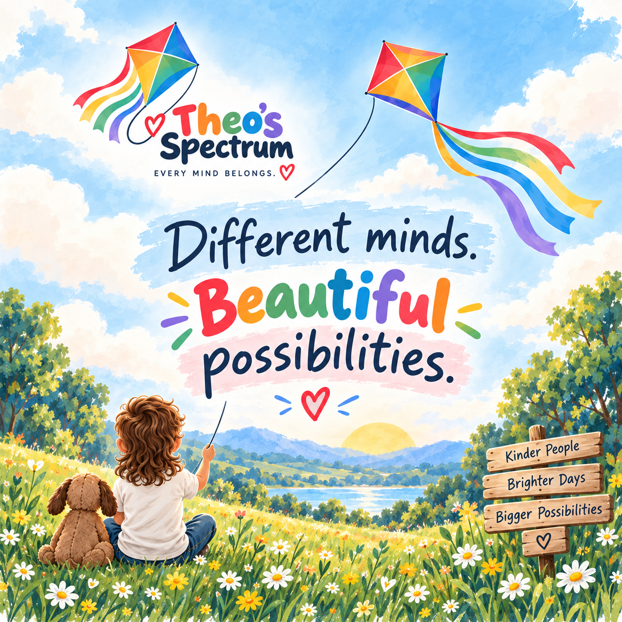 Theo’s Spectrum watercolor meadow with rainbow kites and the message Different minds. Beautiful possibilities.