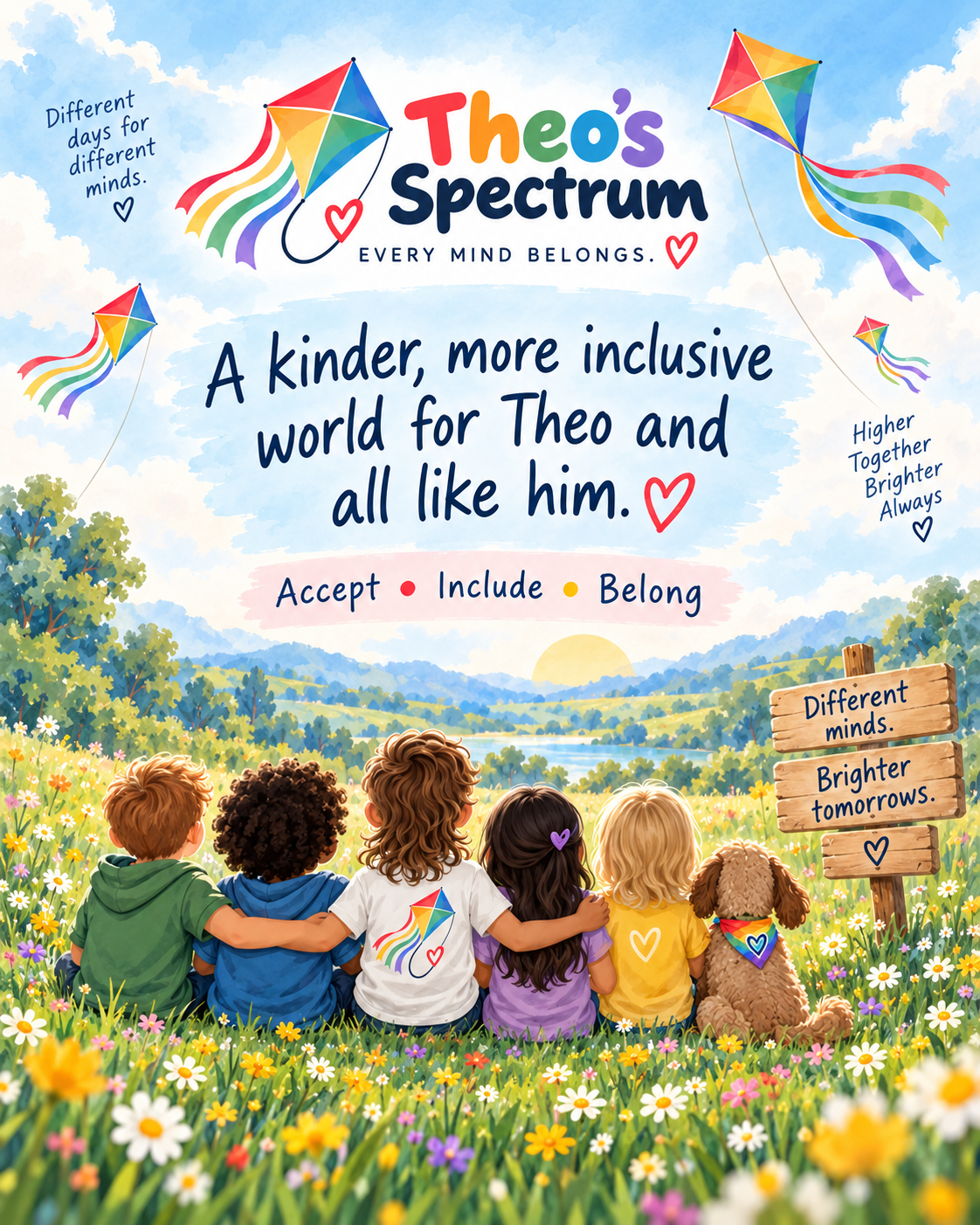 Theo’s Spectrum watercolor meadow with rainbow kites